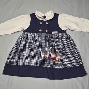 Vintage 2t Toddler Navy and White Gingham Dress with Embroidery